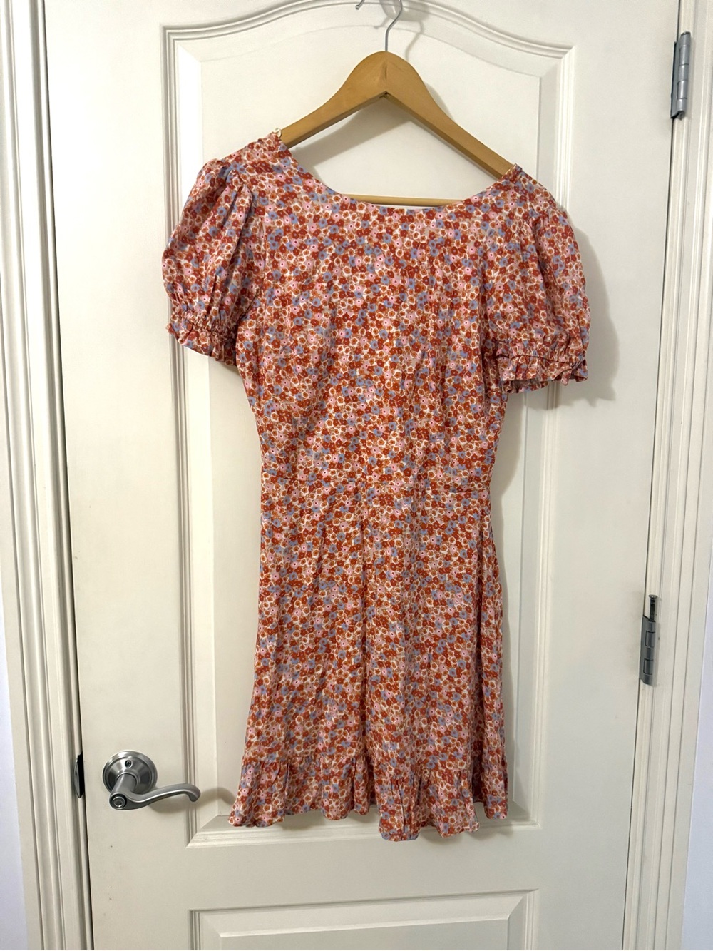Mi Ami Orange Floral Midi Dress with Puff Sleeves